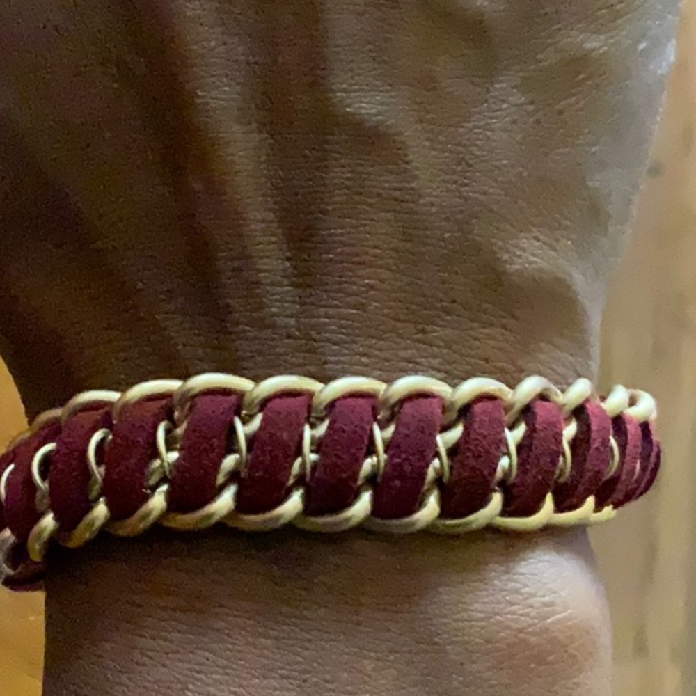 Gold Tone and Red Suede Bracelet